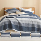 Litanika King Size Quilt Set Navy Blue, Stripe Patchwork Summer Bedspread - Image 5