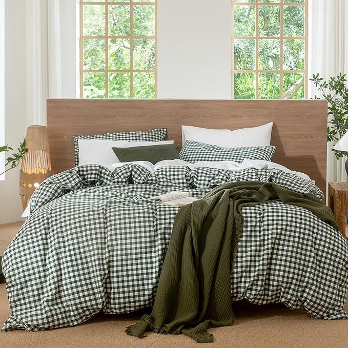 MooMee Gingham Duvet Cover Set 100% Washed Cotton Linen Like Textured by MOOMEE