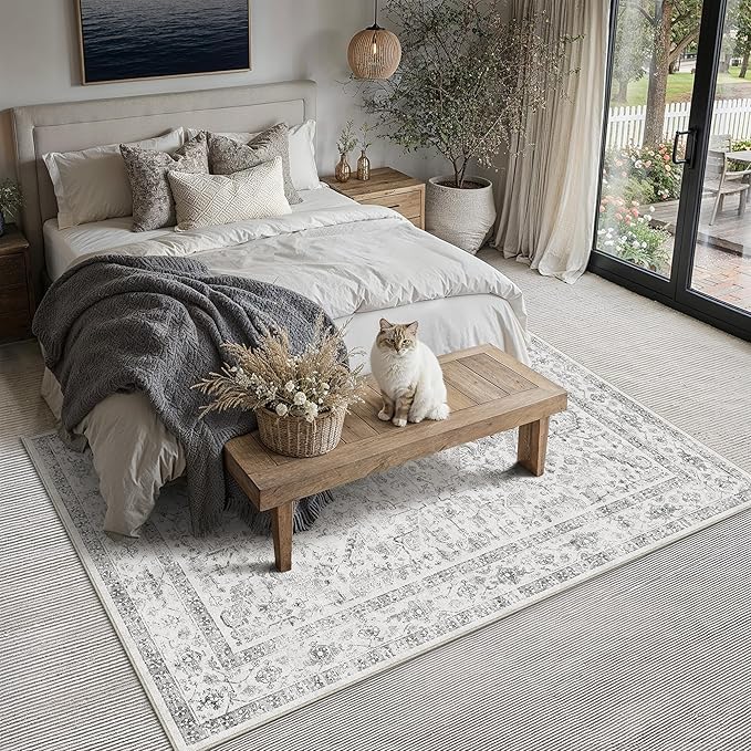 Grey 5x7 Area Rug Vintage Washable Living Room Carpet Non Slip Bedroom Indoor - Image 3