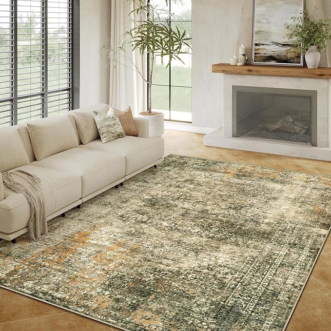 Area Rug 6x9 Brown Washable Non-Slip Lightweight Floral Vintage Distress Print by PureCozy
