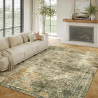 Area Rug 6x9 Brown Washable Non-Slip Lightweight Floral Vintage Distress Print by PureCozy