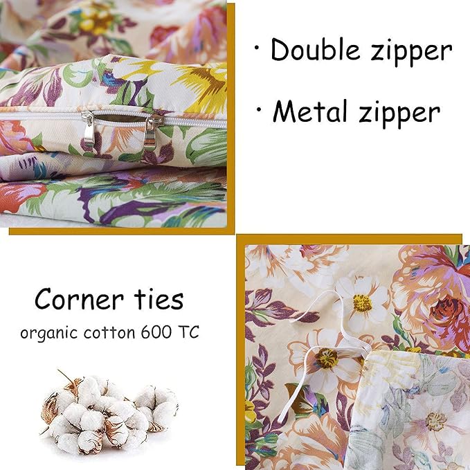 FADFAY Garden Floral Bedding Set Queen 100% Cotton 600 TC Shabby Vintage Duvet - Image 4