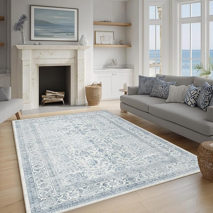 FMFUNCTEX 4x6 Washable Area Rug Blue Neutral Vintage Non Slip Low Pile by Fmfunctex