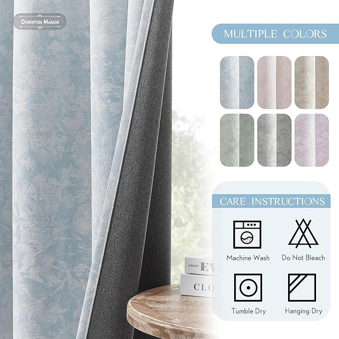 Beauoop Blue Floral Jacquard Blackout Curtains 84 Inches Long 2 Panels - Image 8