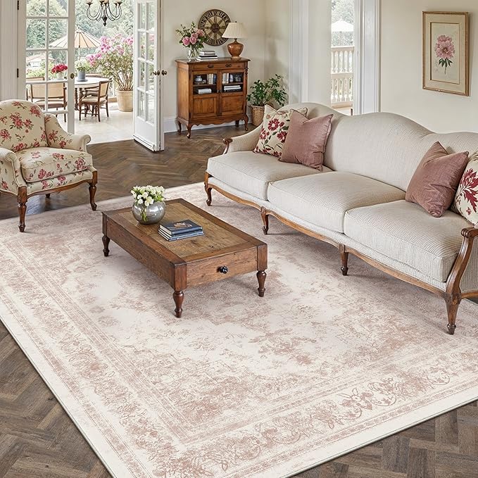 Area Rug 5x7 Washable Pink Rug Vintage Boho Medallion Large Distressed Retro by PureCozy