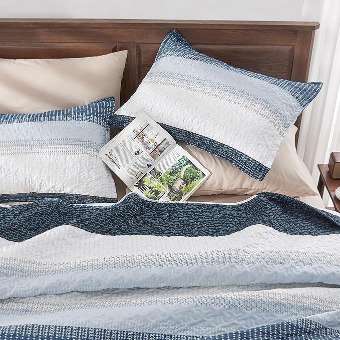 Andency Navy Blue Striped Quilt Set Cal King, 3 Pieces Patchwork Bedspread - Image 2