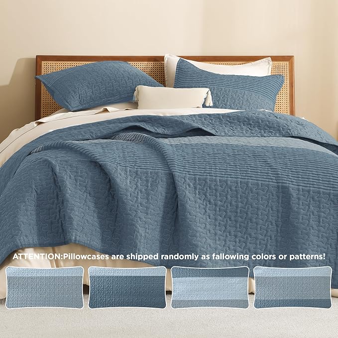 Litanika Quilt Queen Size Blue Linen, Stripe Patchwork Summer Bedspread - Image 5