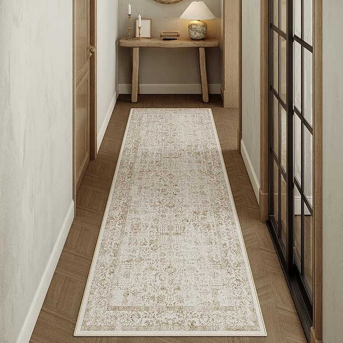 Light Brown Runner Rug 3x7 Hallway Machine Washable Kitchen Vintage Distressed by PureCozy