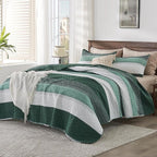 Andency Emerald Green Quilt Cal King, 3 Pieces Patchwork Striped Bedspread - Image 2