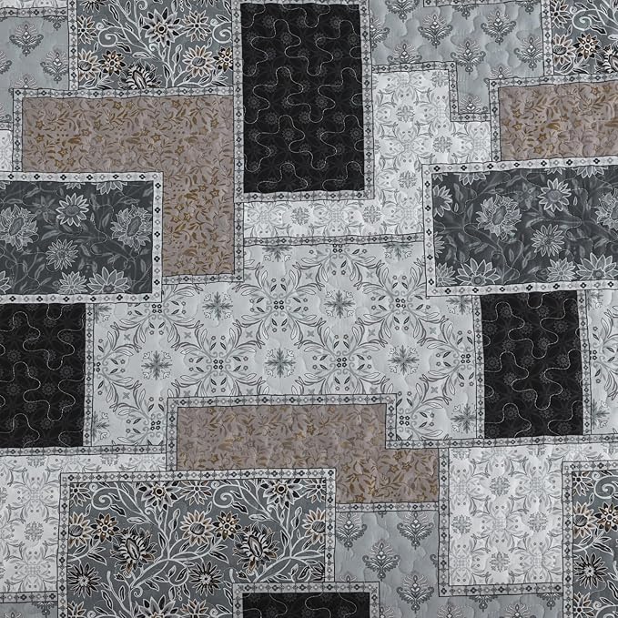 Xruibed Grey Quilt Set King Size 3 Pieces Plaid Floral Boho Bedspread Coverlet - Image 6