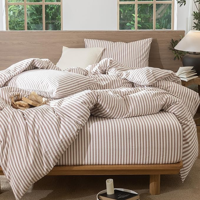 MooMee Striped Duvet Cover Set 100% Washed Cotton Linen Like Textured - Image 6