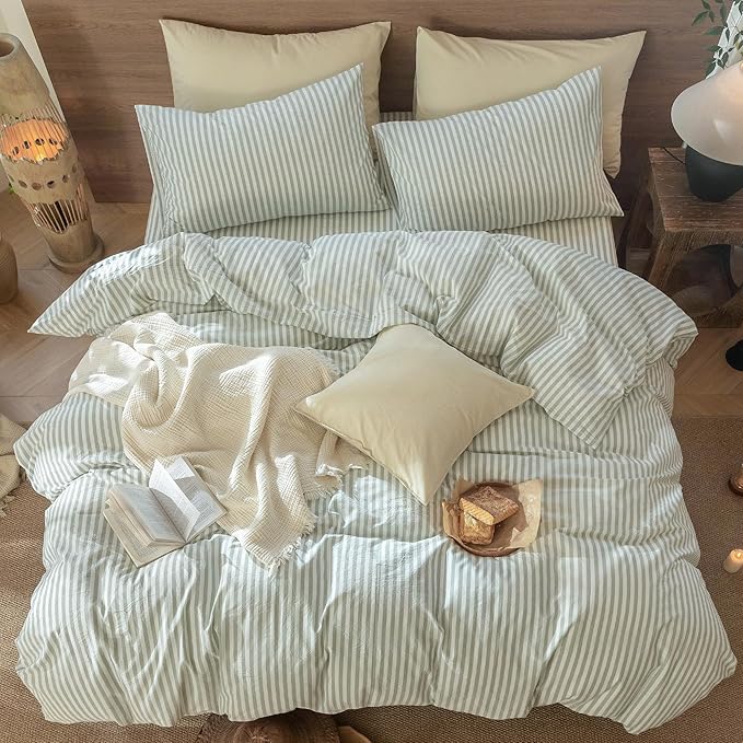 MooMee Striped Duvet Cover Set 100% Washed Cotton Linen Like Textured - Image 5