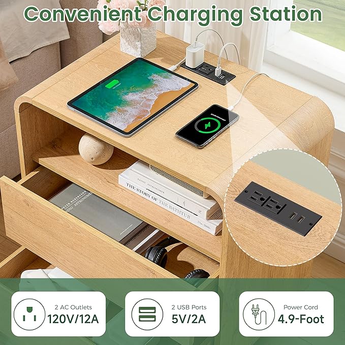 Modern Nightstand, 2 Storage Drawers Side Table, Large End Table Night Stand - Image 4