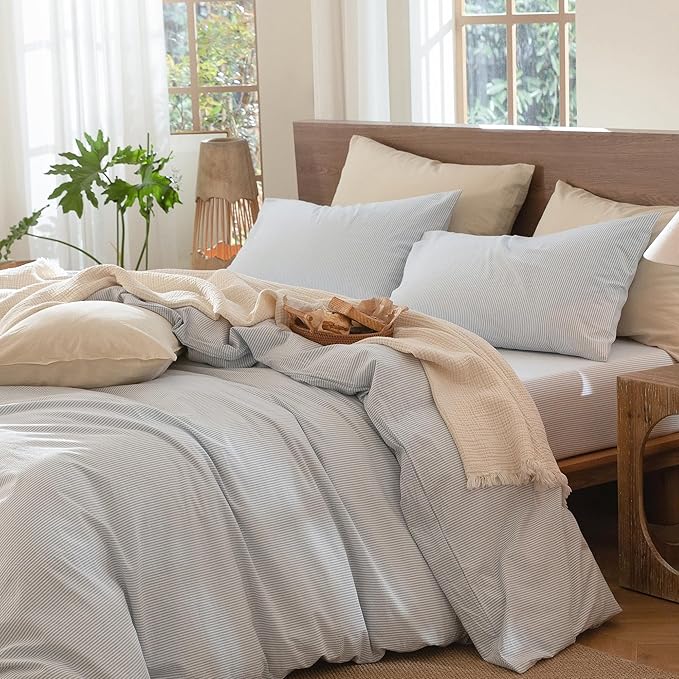 MooMee Striped Duvet Cover Set 100% Washed Cotton Linen Like Textured - Image 3