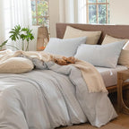MooMee Striped Duvet Cover Set 100% Washed Cotton Linen Like Textured - Image 3
