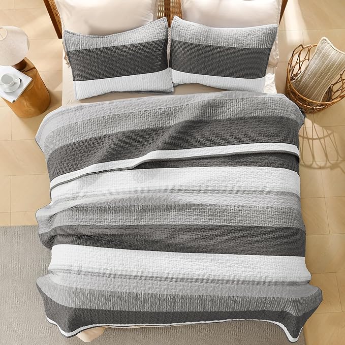 Litanika Oversized King Quilt Set Dark Grey, 120x120 Stripe Bedspread Coverlet - Image 3