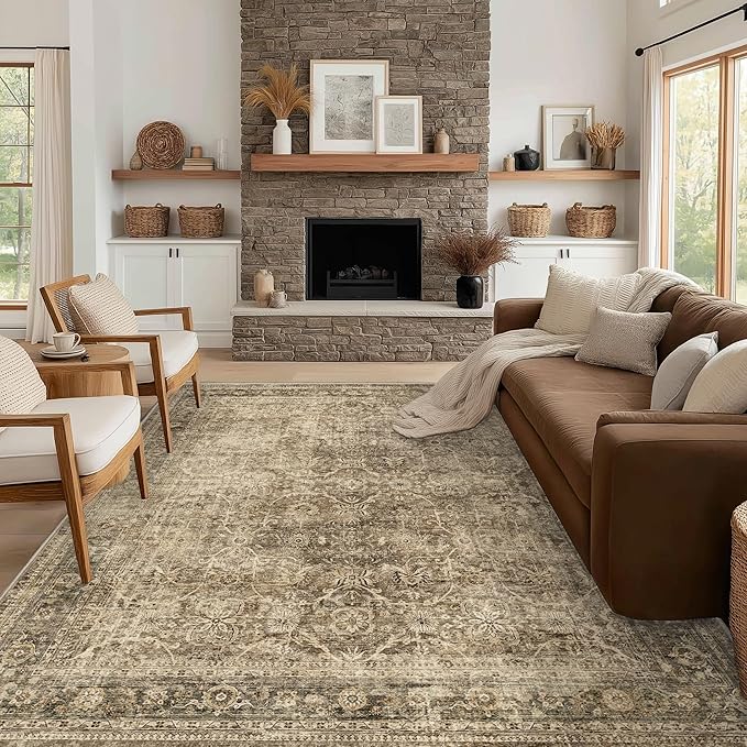 FMFUNCTEX 8x10 Washable Area Rug Brown Vintage Neutral Distressed Large Non by Fmfunctex