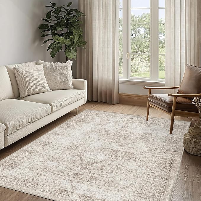 FMFUNCTEX 3x4 Washable Area Rug Beige Vintage Neutral Non Slip Low Pile - Image 3