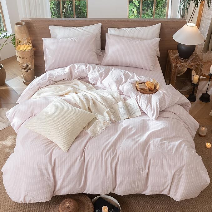 MooMee Striped Duvet Cover Set 100% Washed Cotton Linen Like Textured - Image 5
