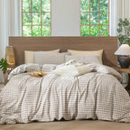 MooMee Gingham Duvet Cover Set 100% Washed Cotton Linen Like Textured by MOOMEE