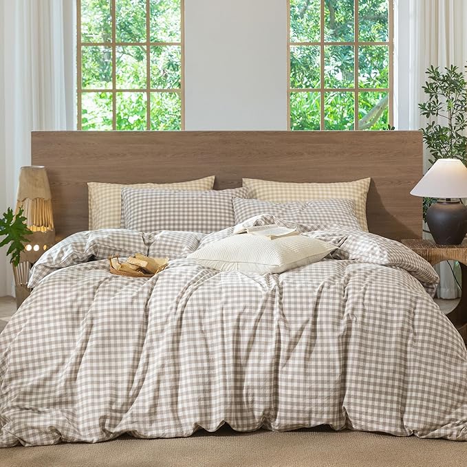 MooMee Gingham Duvet Cover Set 100% Washed Cotton Linen Like Textured by MOOMEE