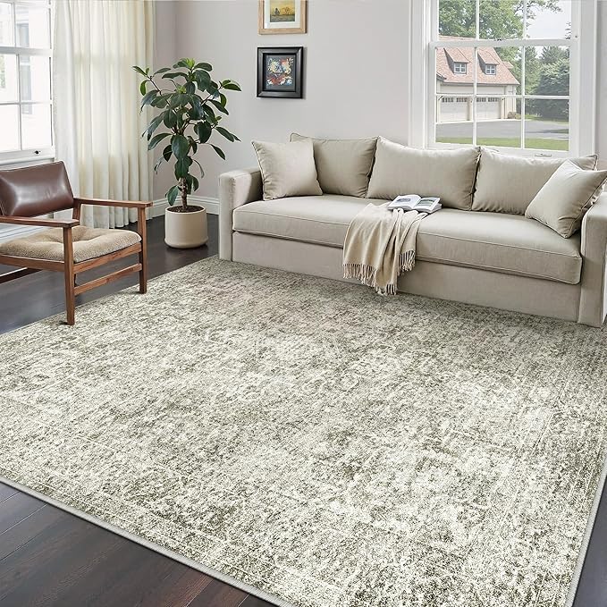 5x7 Area Rug Washable Vintage Neutral Living Room Carpet Large Indoor Non Slip by PureCozy