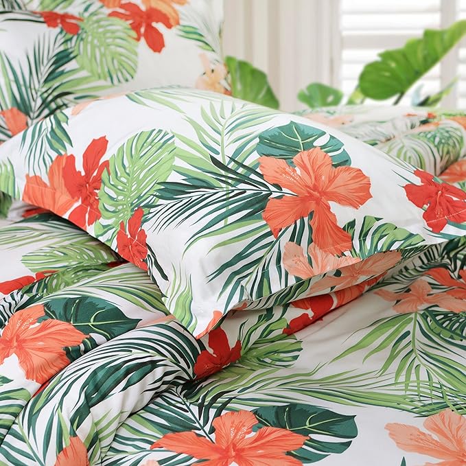 FADFAY Tropical Red Hibiscus Palm Leaves Duvet Cover Set Exotic Plants Bedding - Image 9