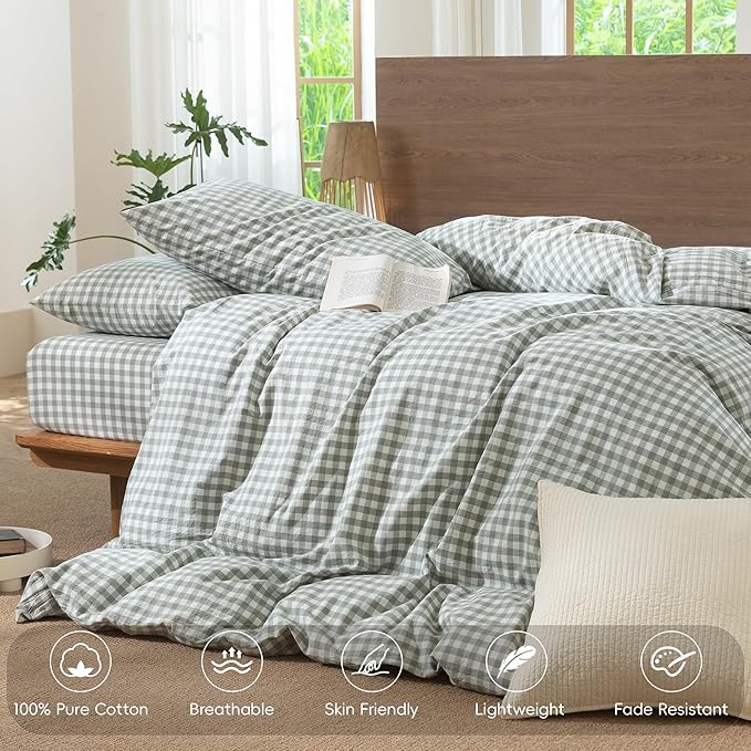 MooMee Gingham Duvet Cover Set 100% Washed Cotton Linen Like Textured - Image 4