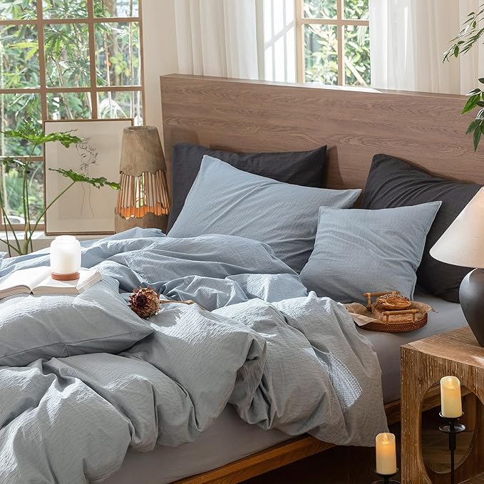 MooMee Wavy Striped Duvet Cover Set 100% Washed Cotton Linen Like Textured - Image 7