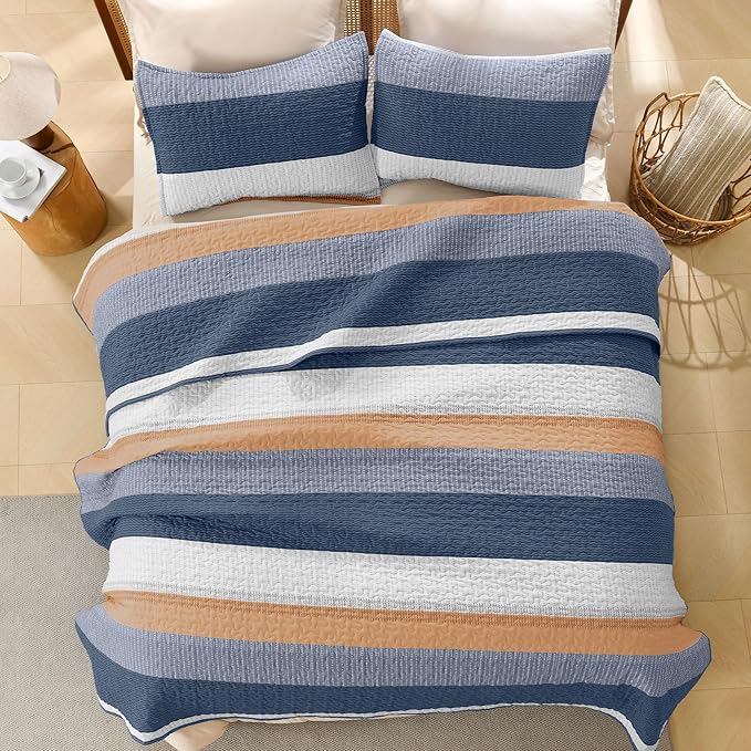 Litanika Quilt King Size BlueO, Stripe Patchwork Summer Bedspread Coverlet 3 - Image 3