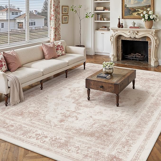 Washable Rug 8x10 Area Rug for Living Room Pink Vintage Boho Medallion Large by PureCozy