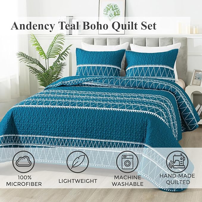 Andency Teal California King Quilt Set, 3 Pieces Boho Lightweight Soft Striped - Image 2
