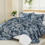 WONGS BEDDING Quilt Set King Size, 3 Pieces Navy Blue Botanical Floral Printed - Image 5