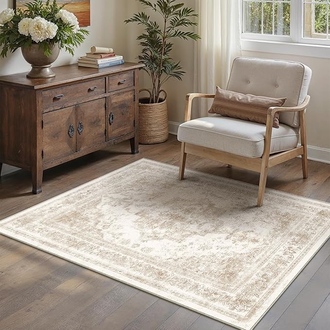 Area Rug 4x6 Cream Washable Office Entryway Vintage Medallion Beige Carpet Non - Image 6