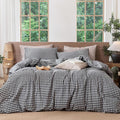 MooMee Gingham Duvet Cover Set 100% Washed Cotton Linen Like Textured by MOOMEE