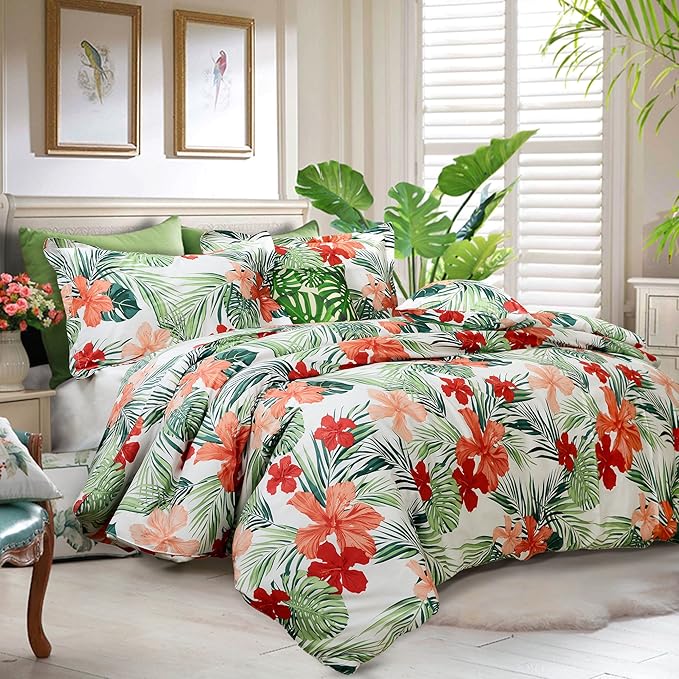 FADFAY Tropical Red Hibiscus Palm Leaves Duvet Cover Set Exotic Plants Bedding - Image 2