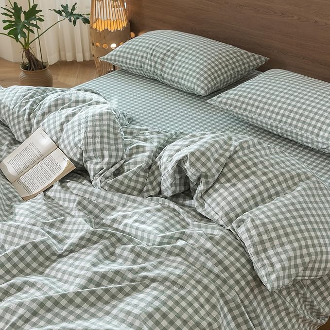 MooMee Gingham Duvet Cover Set 100% Washed Cotton Linen Like Textured - Image 9