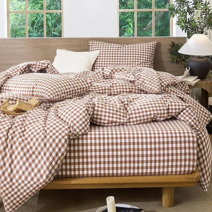 MooMee Gingham Duvet Cover Set 100% Washed Cotton Linen Like Textured - Image 6