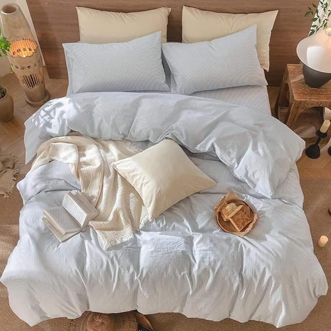 MooMee Striped Duvet Cover Set 100% Washed Cotton Linen Like Textured - Image 5