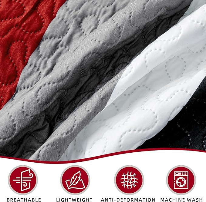 Tyrot 3 Piece Red Black Grey Quilt Set Full/Queen Size Red and White Geometric - Image 6