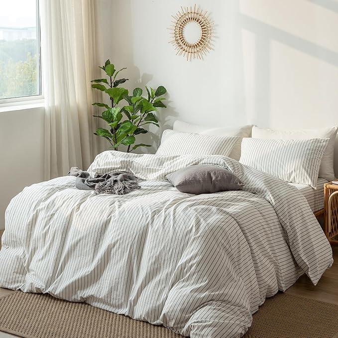MooMee Striped Duvet Cover Set 100% Washed Cotton Linen Like Textured - Image 5