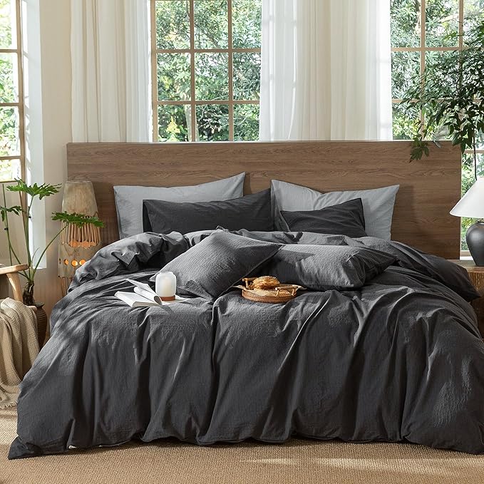 MooMee Wavy Striped Duvet Cover Set 100% Washed Cotton Linen Like Textured by MOOMEE