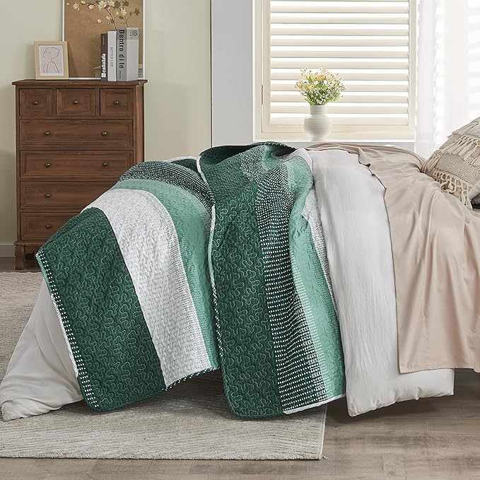 Andency Emerald Green Quilt Cal King, 3 Pieces Patchwork Striped Bedspread - Image 4