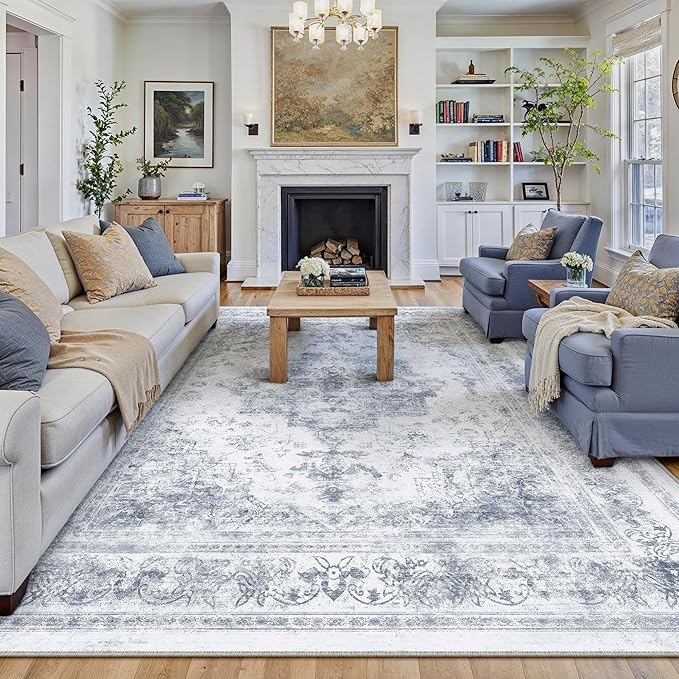 Washable Rug 8x10 Area Rug for Living Room Blue Vintage Boho Medallion Large - Image 5