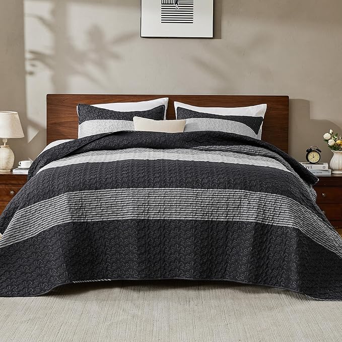 Andency King Size Quilt Set Black and White, 3 Pieces Grey Ultra Soft - Image 3