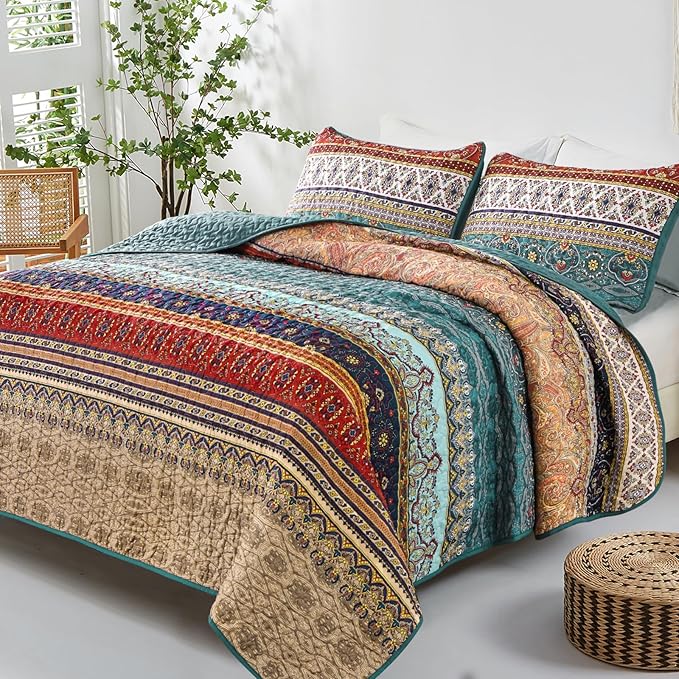 WONGS BEDDING Boho King Quilt Set, Lightweight Microfiber Bed Decor Bedspread - Image 2