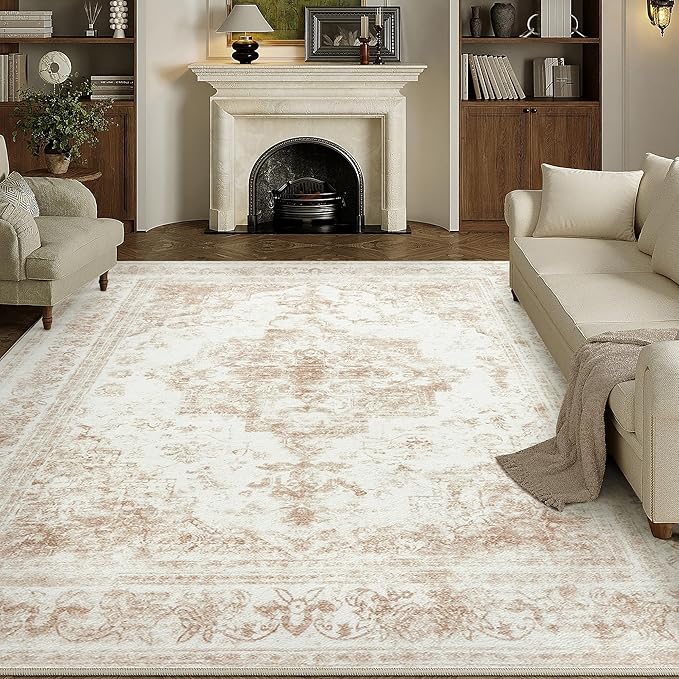Area Rug 5x7 Cream Washable Living Room Beige Carpet Non Slip Vintage Medallion - Image 6