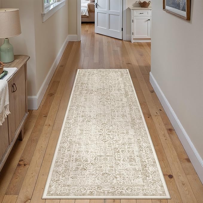 Light Brown Runner Rug 2x5 Hallway Machine Washable Kitchen Vintage Distressed - Image 5