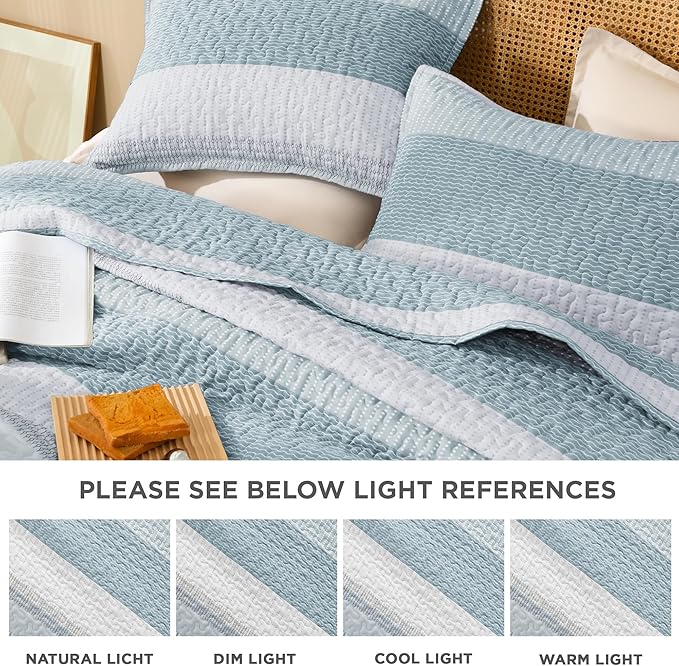 Litanika Quilt Queen Size Spa Blue, Stripe Patchwork Summer Bedspread Coverlet - Image 6