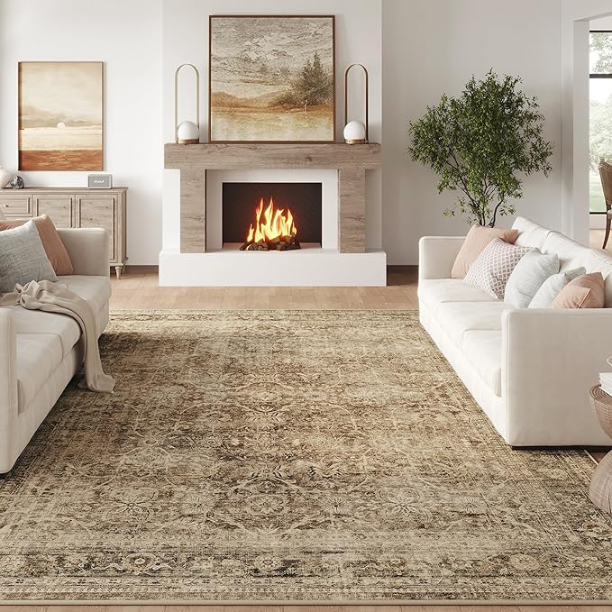 FMFUNCTEX 9x12 Washable Area Rug Brown Vintage Neutral Distressed Large Non - Image 4